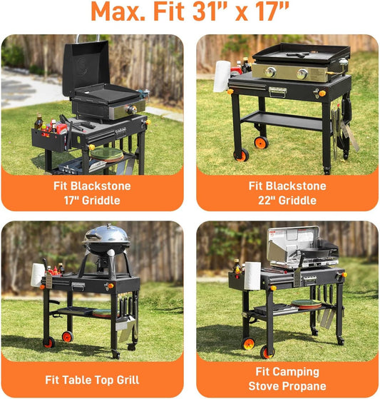 Outdoor Grill Table - Grill Cart Solid and Sturdy, Blackstone Griddle Stand for 17"/22" Griddle, Ninja Grill Stand Large Space, Pizza Oven Stand with Paper Towel Holder, for Tailgating, Camping, RV