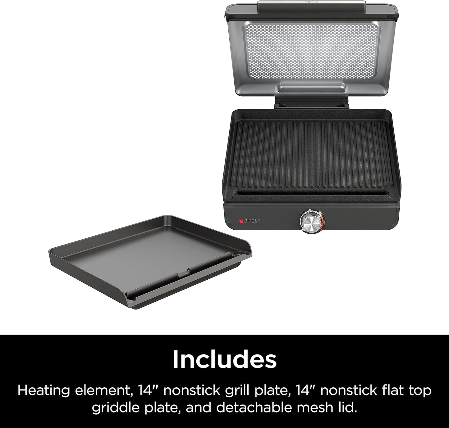 GR101 Sizzle Smokeless Indoor Grill & Griddle, 14'' Interchangeable Nonstick Grill and Griddle Plates, Dishwasher-Safe Removable Mesh Lid, 500F Max Heat, Even Edge-To-Edge Cooking, Grey/Silver