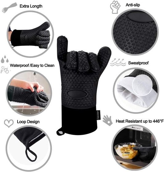 BBQ Gloves, Heat Resistant Silicone Grilling Gloves, Long Waterproof BBQ Kitchen Oven Mitts with Inner Cotton Layer for Barbecue, Cooking, Baking, Smoker(Black)