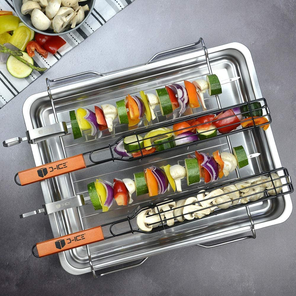 Kebab Grilling Basket & Grilling Skewers Stainless Steel - Kabob Grilling Baskets Set of 4 & 2 Metal BBQ Skewers. Kabob Basket for Veggies, Jumbo Shrimps - Grilling Baskets & Barbecue Skewers