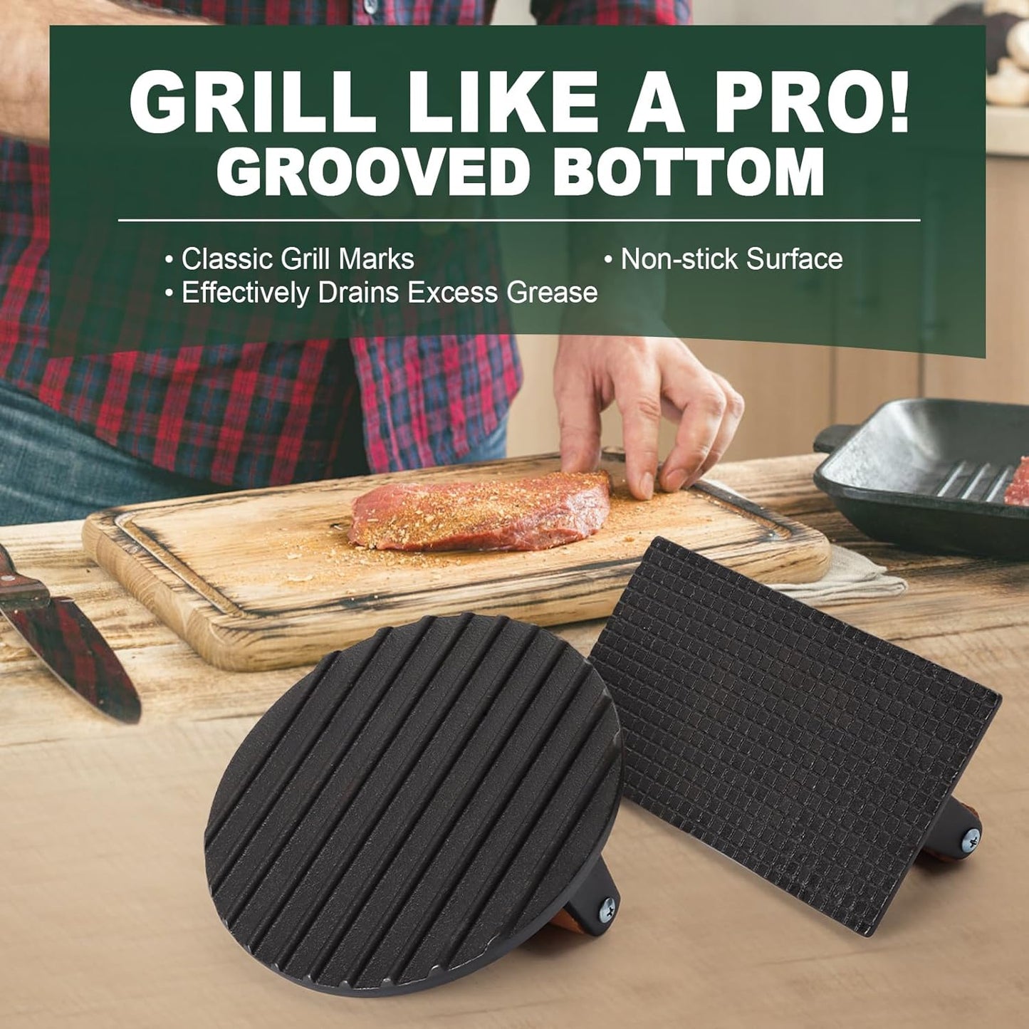 CEKEE 2PCS Burger Press, 7" round & 8.2"X 4.3" Rectangle, Heavy-Duty Cast Iron Grill Press with Wood Handle, Smash Burger Press Perfects for Blackstone Griddle, Flat Tops, Grills & Camp Chef