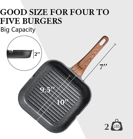 Nonstick Grill Pan for Stove Tops, Versatile Griddle with Pour Spouts, Square Big Cooking Surface, Durable Skillet Indoor & Outdoor Grilling. PFOA Free, 9.5 Inch