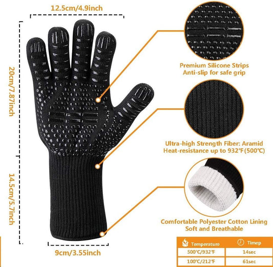 Oven Gloves 932°F Heat Resistant Gloves, Cut-Resistant Grill Gloves, Non-Slip Silicone BBQ Gloves, Kitchen Safe Cooking Gloves for Men, Oven Mitts,Smoker,Barbecue,Grilling (Oven Gloves)