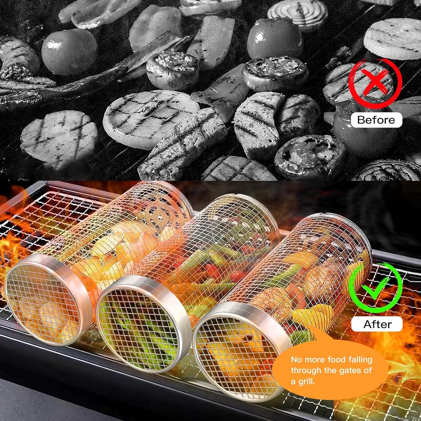 Rolling Grill Baskets, Heavy-Duty 304 Stainless Steel Material, round BBQ Grilling Baskets for Veggies, Fish, BBQ Net Tube Barbeque Vegetable Grill Accessories, Cage Cylinder 2 PACK (Two Large)