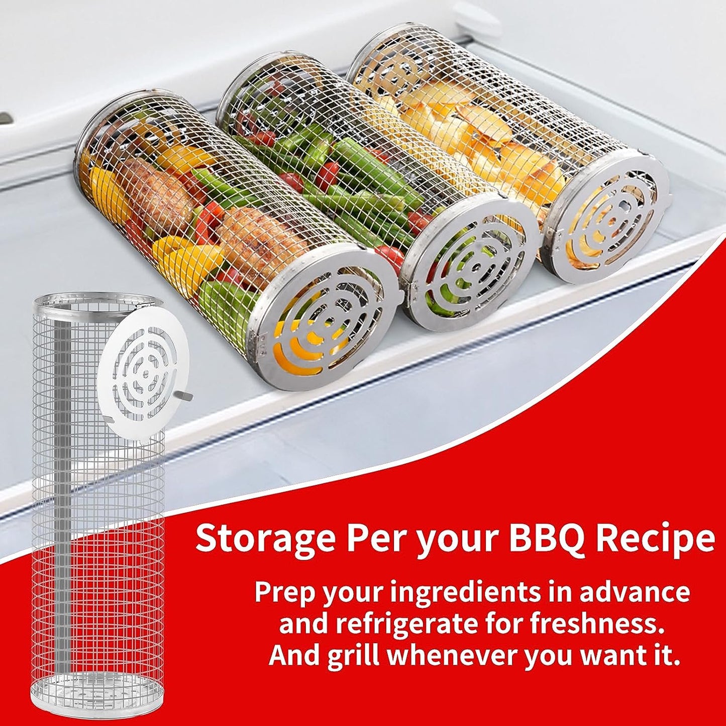 Rolling Grilling Baskets for Outdoor Grill Bbq ,Stainless Steel Grill Mesh Barbeque Grill Accessories,Outdoor round BBQ Stainless Steel Grill Basket Campfire Grill Grid - Camping Picnic Cookware (2Pc-12.2In*3.9In+11.8In*3.5In)