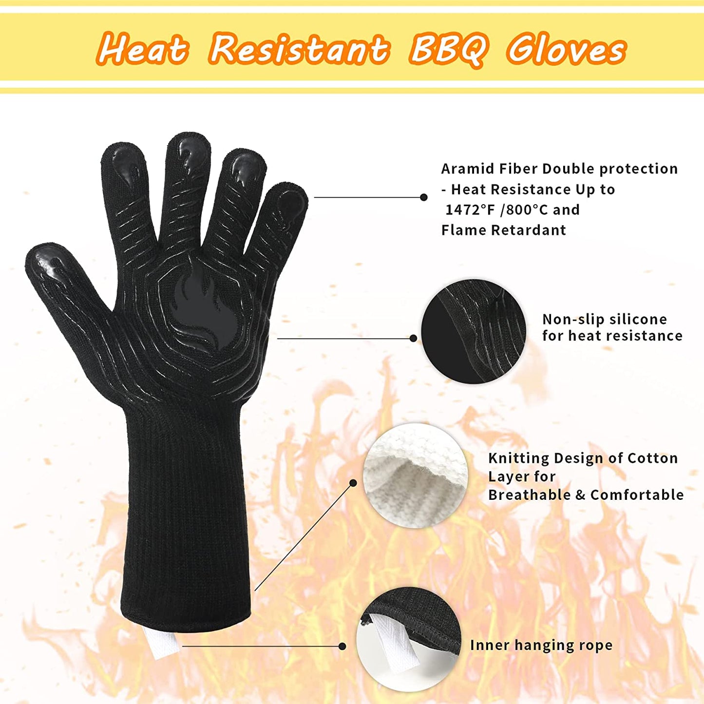 BBQ Gloves, 1472°F Heat Resistant Fireproof Mitts, Silicone Non-Slip Washable Oven Kitchen Gloves for Barbecue, Grilling, Cooking, Baking, Camping, Smoker (Black)