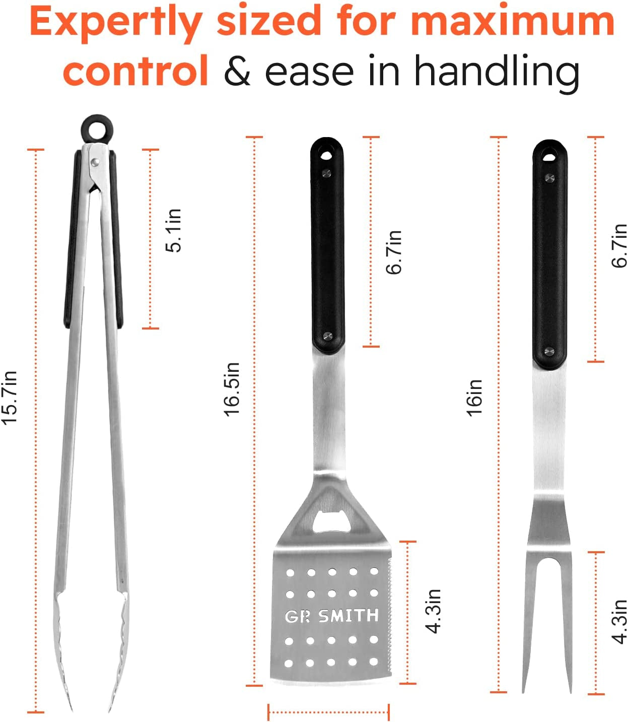Grill Accessories, 3-Piece BBQ Accessories, GR Smith Stainless Steel Kitchen Set with Spatula, Tongs, & Fork - Perfect for Blackstone Outdoor Griddle, Camping…