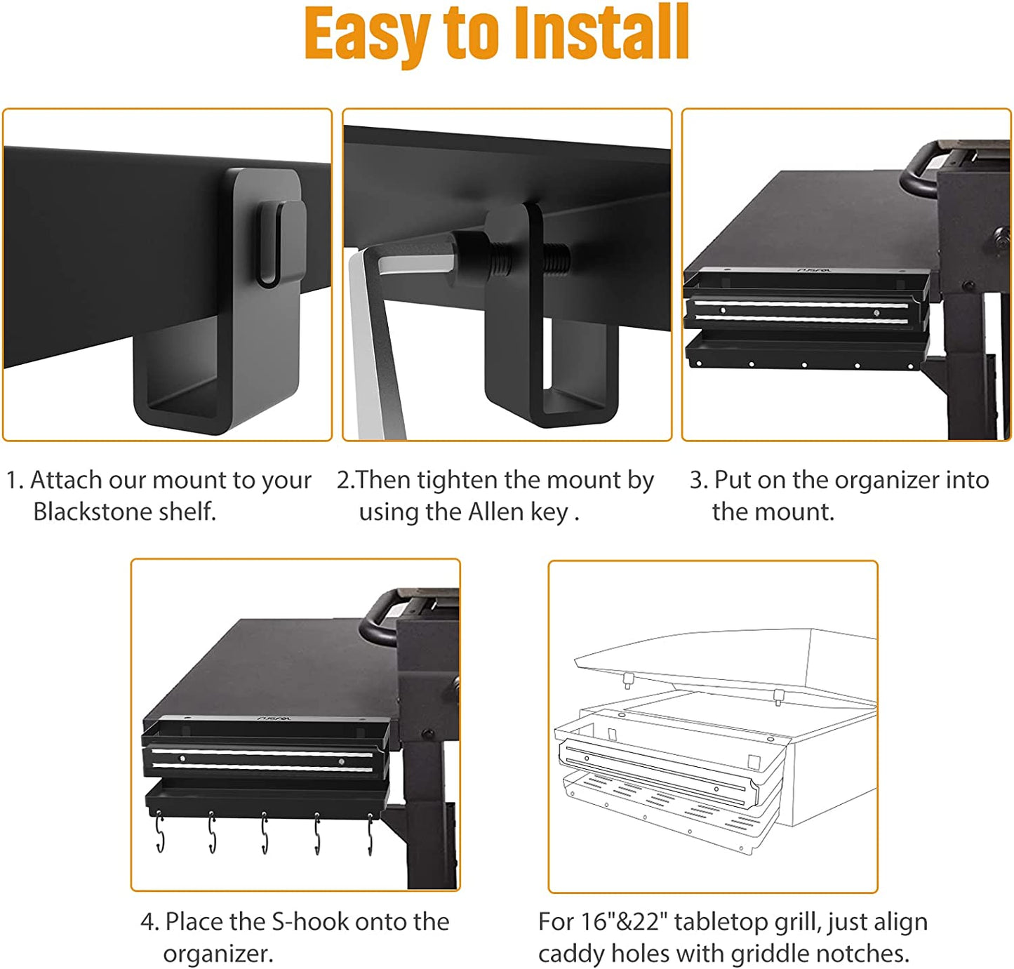 Stainless Steel Griddle Caddy with Magnetic BBQ Utensils Strip for 28"/36" Blackstone Griddles, with a Allen Key, Space Saving BBQ Accessories Storage Box, Free from Drill Hole&Easy to Install