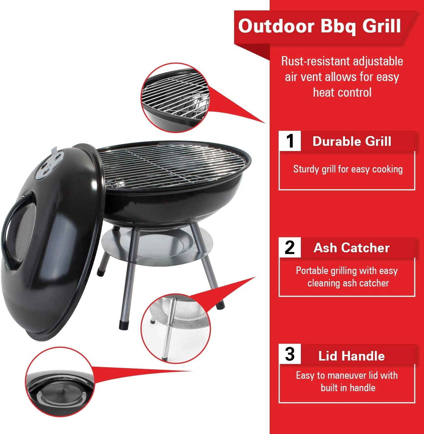 Alpine Cuisine Premium 14" Charcoal BBQ Grill round for Outdoor Cooking, Barbecue Coal Kettle Bowl Grill Portable Heavy Duty round with Legs Grilling for Tailgating Patio Backyard Camping - Black