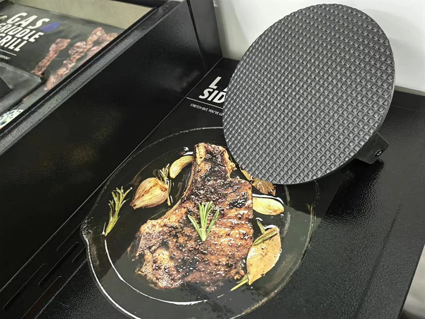 Burger Press 7.08" round & 8.3‘’X4.3”Rectangle Heavy-Duty Cast Iron Smash Meat Steak with Wood Handle for Blackstone Camp Chef Pitboss Weber Treager Griddle Grills (Round & Rectangle)