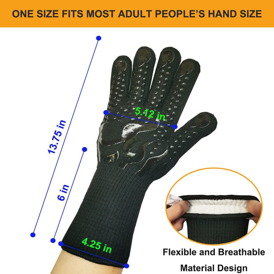 Mitts Oven Gloves with Fingers BBQ Heat Resistant Gloves Oven Gloves 1472℉ 14Inch Cut Resistant Cooking Grill Gloves Silicone Non-Slip Cooking Gloves for Grilling/Baking for Gift (Large, Black)
