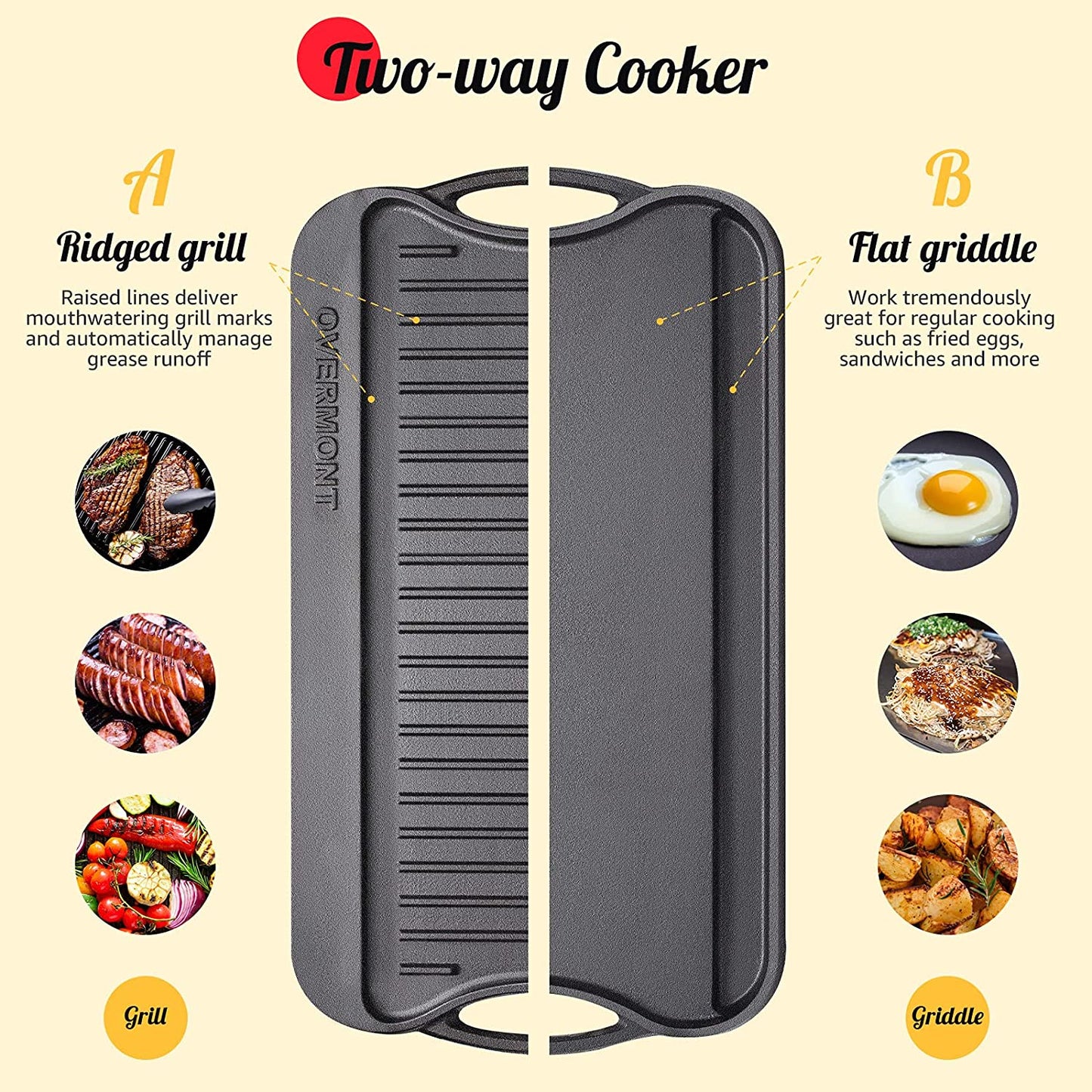Pre-Seasoned 17X9.8" Cast Iron Reversible Griddle Grill Pan with Handles for Gas Stovetop Open Fire Oven, One Tray, Scrapers Included