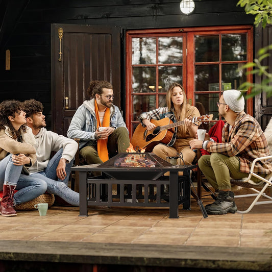 Devoko 32 Inch Metal Outdoor Fire Pit Table Multiuse Square Patio BBQ Firepit with Spark Screen Lid and Waterproof Cover for Camping, outside Wood Burning and Picnic Black