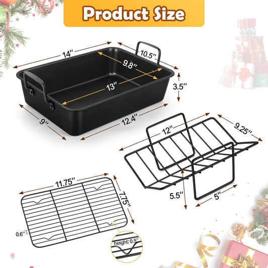 Teamfar Roasting Pan, 14Inch Coated Turkey Roaster Lasagna Pan with V-Shaped Rack & Flat Rack, Non-Stick Coating & Stainless Steel Core, Healthy & Heavy Duty, Deep Sides & Easy to Clean, Set of 3