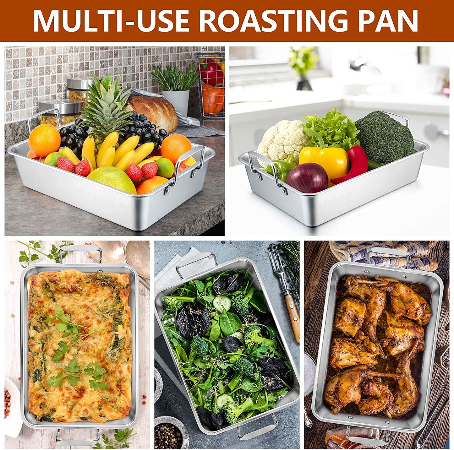 Roasting Pan with Rack Set of 3(Deep Broiling Pan & V-Shaped Rack & Flat Cooling Rack), Herogo 14 Inch Stainless Steel Turkey Roaster Pan for Thanksgiving Christmas, Dishwasher Safe