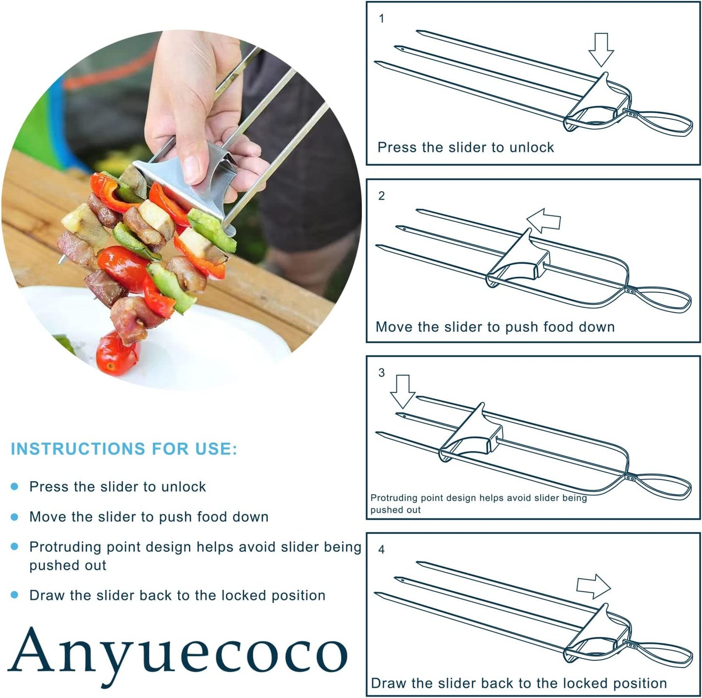 Anyuecoco Skewers for Kabobs,14 Inch 3-Prong Kabob Skewers for Grilling,Stainless Steel Skewer,With Push Bar Reusable Metal Skewer,Kabob Sticks,Perfect for Meat,Chicken,Sausages,Veggies,Shrimp (2 Pcs)