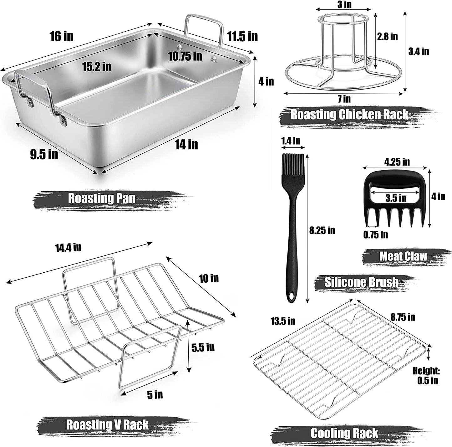 Teamfar Roasting Pan, Stainless Steel Large Turkey Roaster Pan with V Rack & Cooling Rack, Beer Can Chicken Holder & Meat Claws for Shredding & Silicone Brush, Healthy & Dishwasher Safe - 7 Pcs