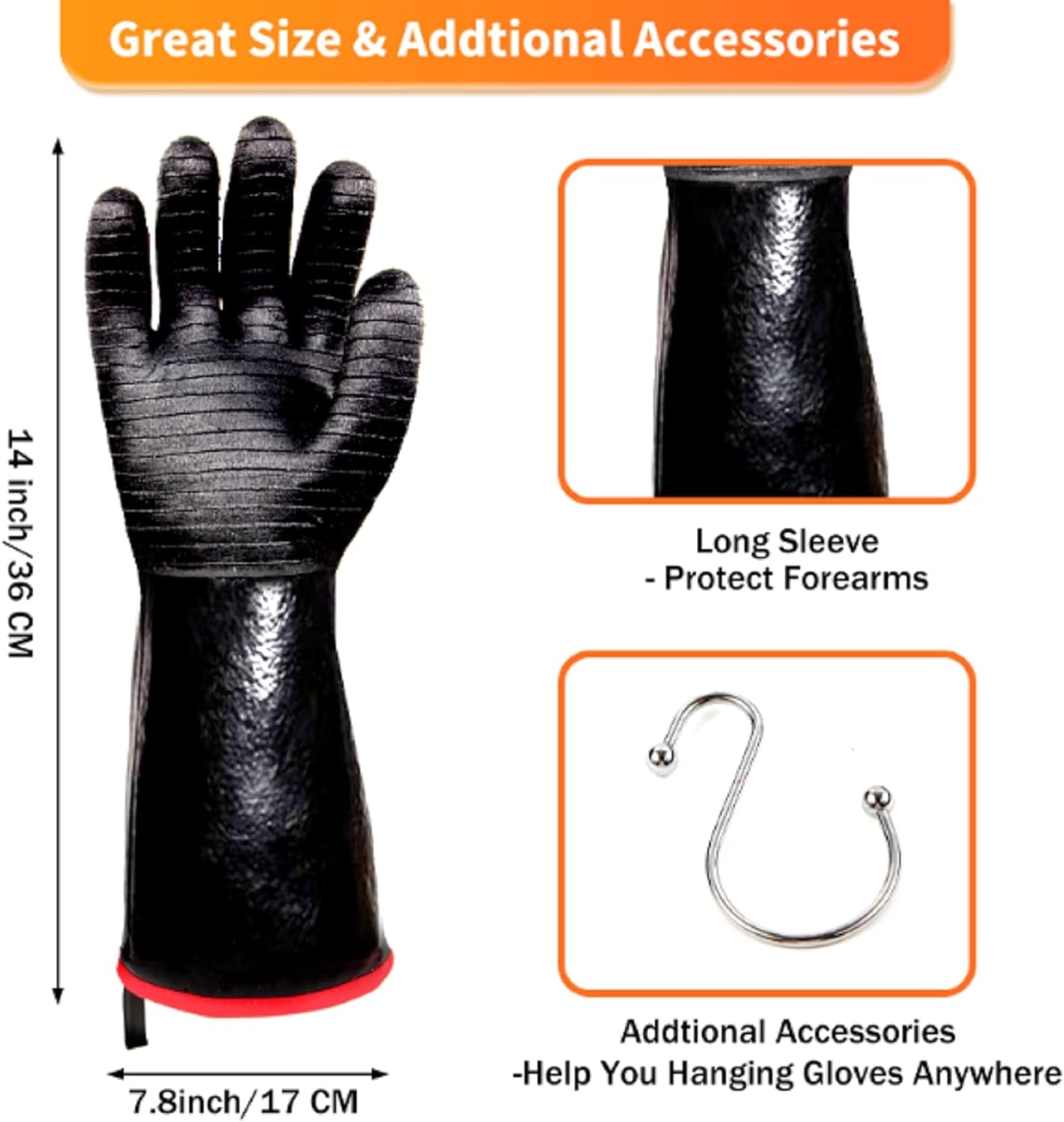 BBQ Gloves - 1472°F Thicken Heat Resistant Gloves W/S-Hook 14 in Kitchen Oven Mitts Waterproof Grill Gloves Oil Resistant Grilling Gloves Cooking Gloves for Turkey Fryer/Baking/Oven/Smoker