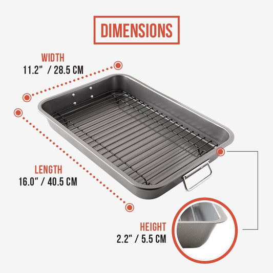 Chef Pomodoro Nonstick Carbon Steel Large Roasting Pan with Rack,Turkey Roasting Pan, Roaster Pan for Oven, Turkey Roaster Pan, Roaster Bakeware Grey