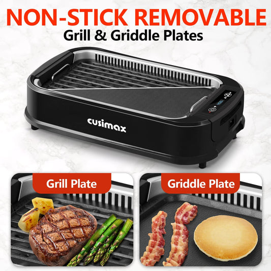 Indoor Grill, Smokeless Grill Indoor, 1500W Electric Grill Griddle Korean BBQ Grill with LED Smart Display & Tempered Glass Lid, Non-Stick Removable Grill Plate & Griddle Plate, Black