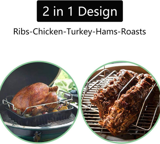 Turkey Roasting Rack Rib Rack for Big Green Egg - Stainless Steel Dual-Purpose Rib Racks for Smoking, U-Shaped Turkey Racks for Roasting Pan, for Big Green Egg, Kamado Joe, Char-Griller Akorn Etc