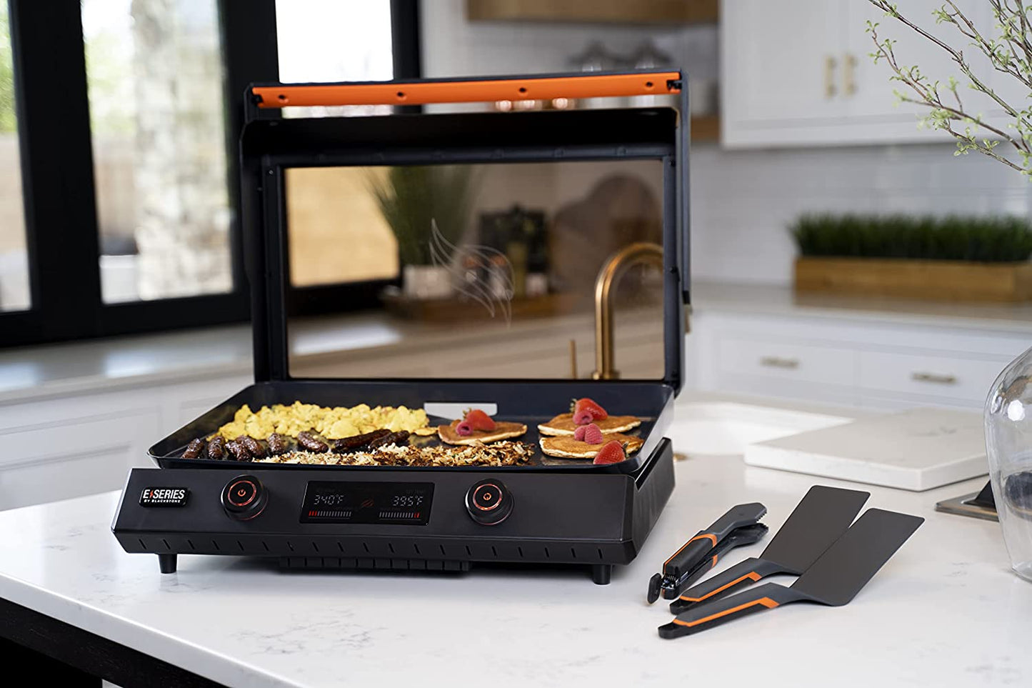 22-Inch Electric Griddle - 1200W Non Stick Ceramic Titanium Coated Stainless Steel Tabletop Griddle with Ez-Touch Control Dial, LCD Display, Patented Rotate & Remove Glass Hood - 8001