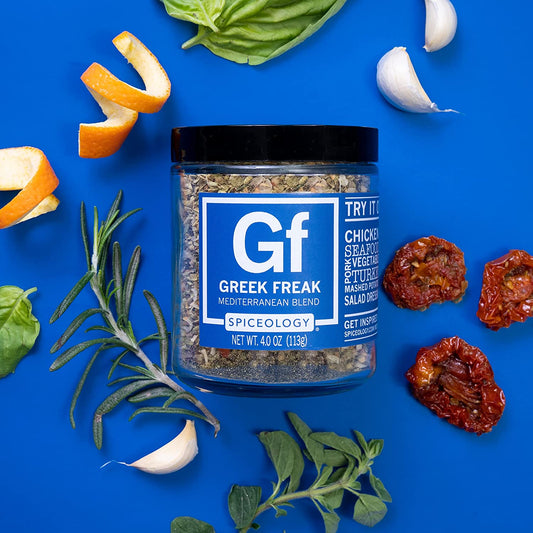 - Greek Freak Mediterranean Spice Blend - All-Purpose Rubs, Spices and Seasonings - Use On: Chicken, Chickpeas, Beef, Seafood, Pork, Vegetables, Turkey, Potatoes and Salad Dressing - 4 Oz