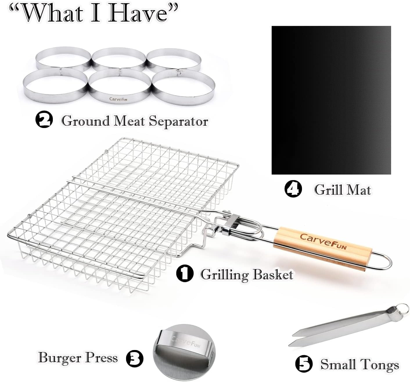 Grill Basket Stainless Steel BBQ Grilling Basket with Burger Press Set.Grill Basket for Fish,Vegetables BBQ Camping Accessories Outdoor Grilling Gifts for Men Dad Folding Grill Basket with Removable Handle