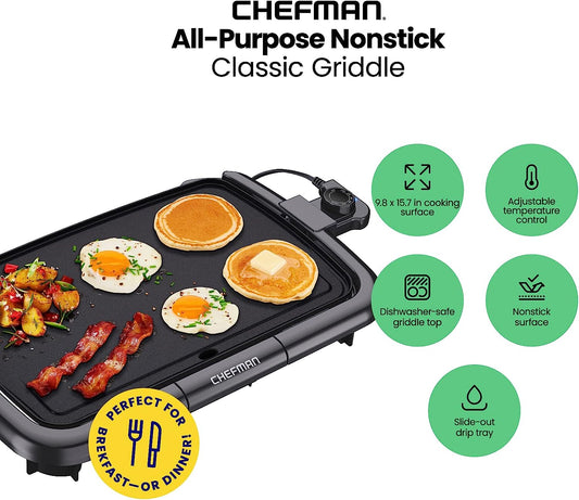 Electric Griddle with Removable Temperature Control, Immersible Flat Top Grill, Burger, Eggs, Pancake Griddle, Nonstick Easy Clean Cooking Surface, Slide Out Drip Tray, 10 X 16 Inch