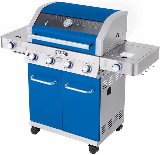 Monument Grills Larger 4-Burner Propane Gas Grills Stainless Steel Cabinet Style with Clear View Lid, LED Controls, Built in Thermometer, and Side & Infrared Side Sear Burners, Blue