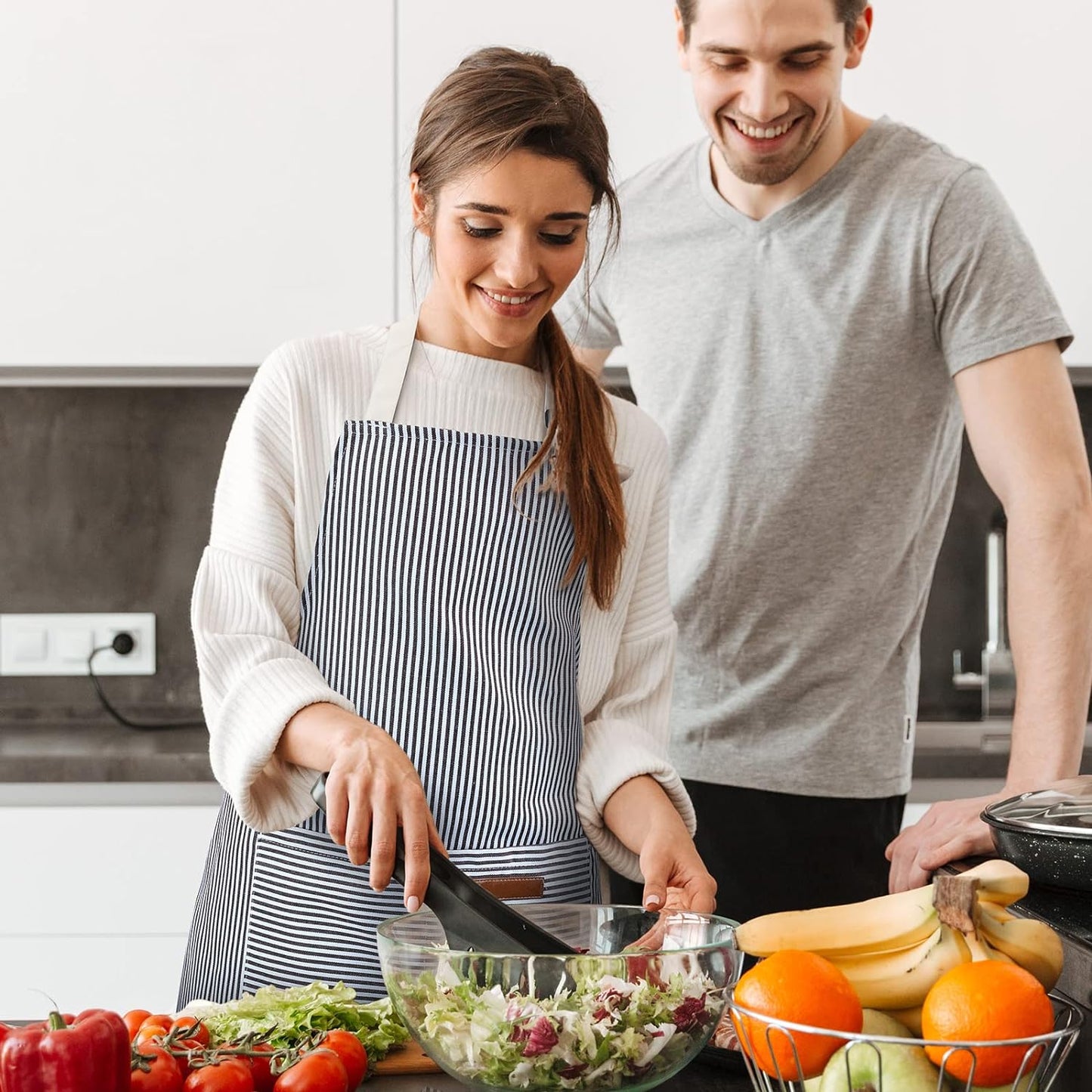 Cooking Apron with Pockets Waterproof Baking Apron Soft Chef Kitchen Aprons Cotton Polyester Blend Adjustable Bib Aprons for Women Men, Crafting BBQ, Black, Blue, Pink, Grey Stripes(4 Pcs)