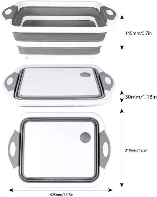 Qimh Collapsible Cutting Board - Foldable Space Saving Multi-Function Kitchen Dish Tub and Camping Sink- Washing and Draining Veggies Fruits Food Grade Storage Basket for Picnic, BBQ Prep and Camping