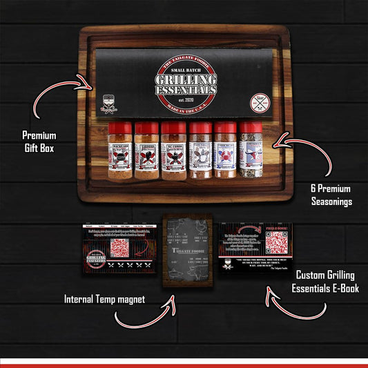 THE TAILGATE FOODIE Rare Pitmaster Gourmet Seasonings | 8 Pc Grill Essentials Gift Set | 6 Secret Competition BBQ Spice Blends for Ribs, Pork, Brisket, Chicken, Fish, Steak **Great Christmas Gift**