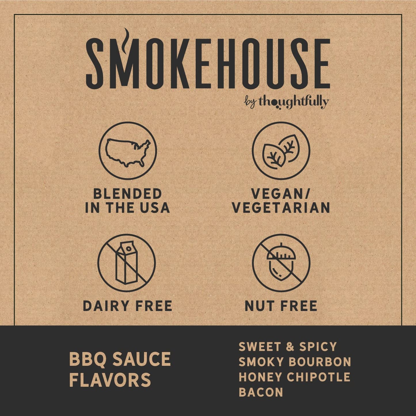 Smokehouse by Thoughtfully, Gourmet BBQ Sauce Sampler Set, Vegan and Vegetarian, Flavors Include Honey Chipotle, Smoky Bourbon, Sweet and Spicy, and Bacon BBQ Sauce, Pack of 4