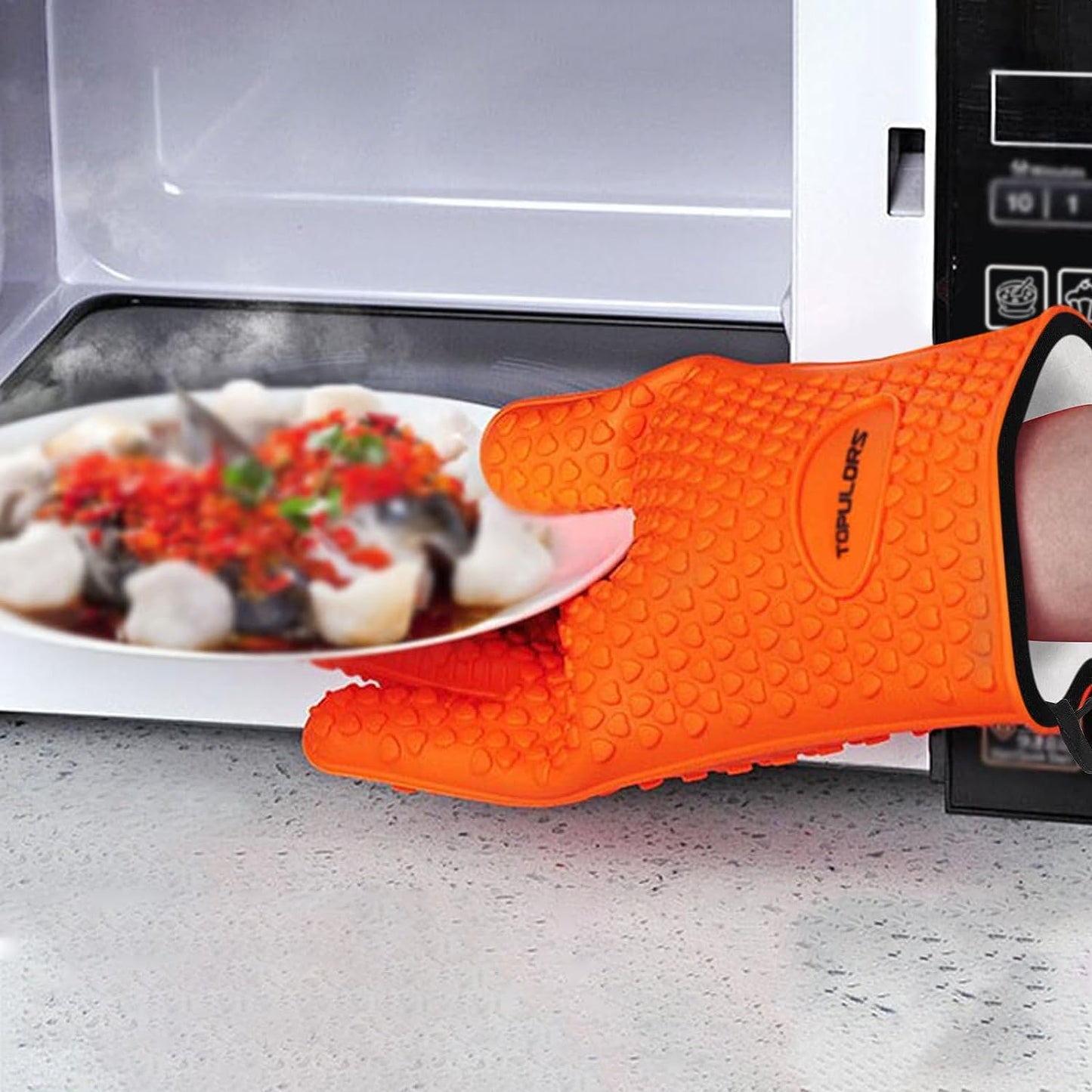 Silicone Gloves Oven Mitts Heat Resistant BBQ Smoker Grill Gloves Handle Hot Food Pulled Pork Gloves for Cooking Baking Grilling Barbecue Potholder Five Finger Gloves with Inner Cotton Layer - Orange
