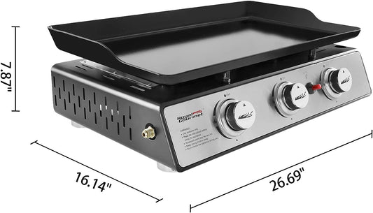 PD1301S Portable 24-Inch 3-Burner Table Top Gas Grill Griddle with Cover, 25,500 Btus, Outdoor Cooking Camping or Tailgating, Black