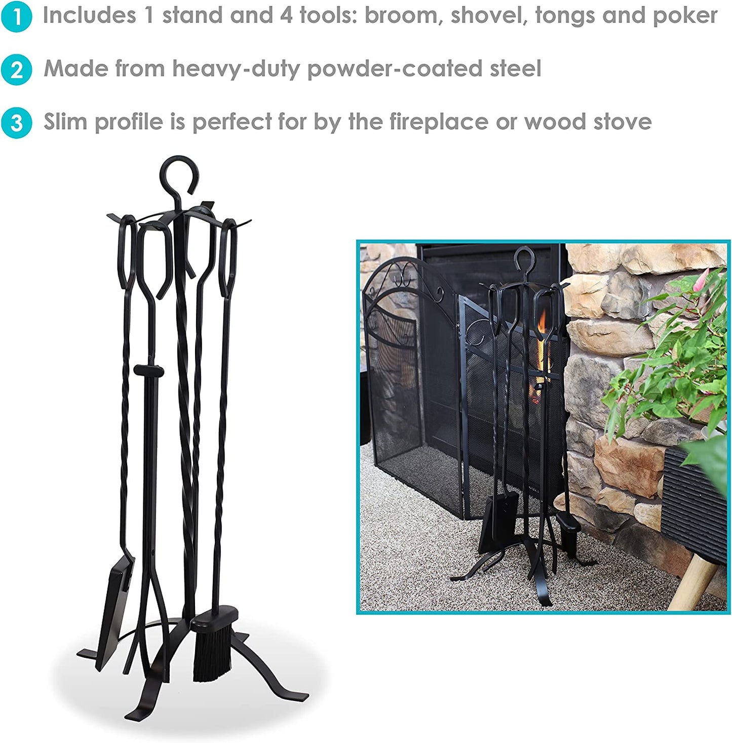 Sunnydaze 4-Piece Fireplace Tool Set with Stand - Heavy-Duty Black Steel Poker, Shovel, Log Grabber and Broom