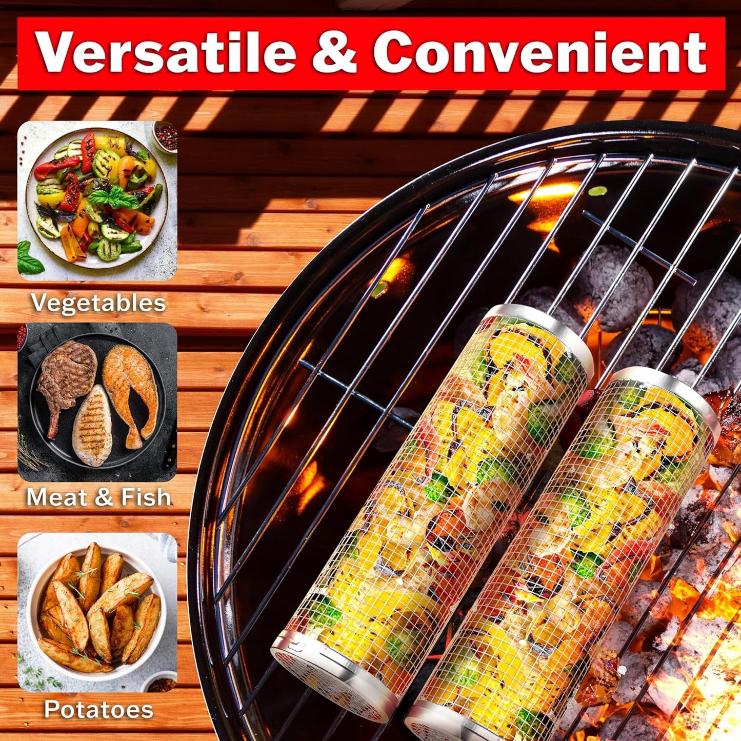 Mckay Rolling BBQ Grilling Basket Set | Portable, Durable Stainless Steel, Perfect for Barbecue & Outdoor Cooking- Rotating Grill Accessories Mesh Net Tube Cylinder for Delicious Meals, Veggies, 2 Pcs