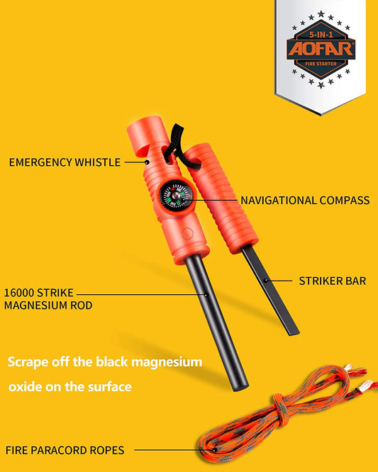 AOFAR Fire Starter Af-381/Af-381Plus Fire Steel with Paracord and Whistle for Camping, Hiking, Hunting, Backpacking, Boating, Emergency Rescue…