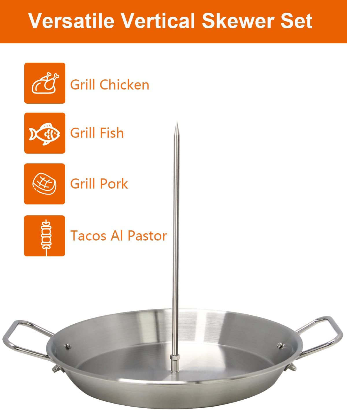 BBQ Vertical Skewer Al Pastor Skewer for Grill, Brazilian Skewers El Pastor Spit Hack,Great for Home Made Tacos Al Pastor, Shawarma, Brazilian Churrasco,Stainless Steel,With 8 Inch & 10 Inch Stick