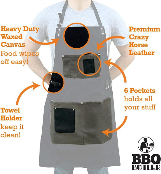 Grill Apron - Adjustable Waxed Canvas Cooking Apron - XXL - Heavy Duty Smoker Apron