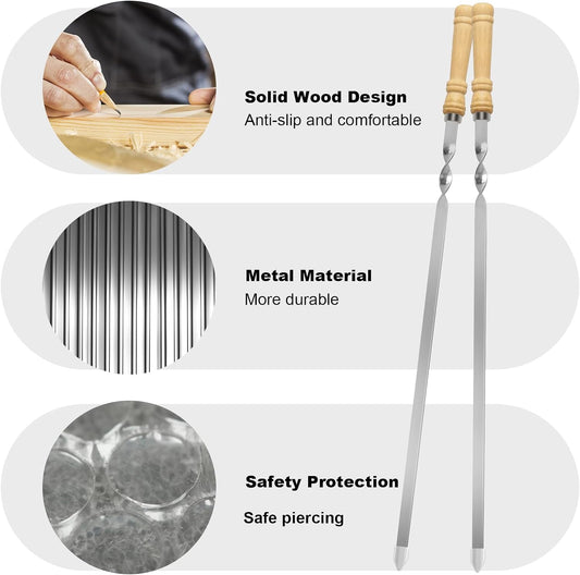 Kabob Skewers,23.6 Inch Flat Skewers for Grilling with Wooden Handle,Reusable Stainless Steel Metal BBQ Barbecue Skewer,Shish Kebab Stick Set for Meat Shrimp Chicken Vegetable-12Pcs.