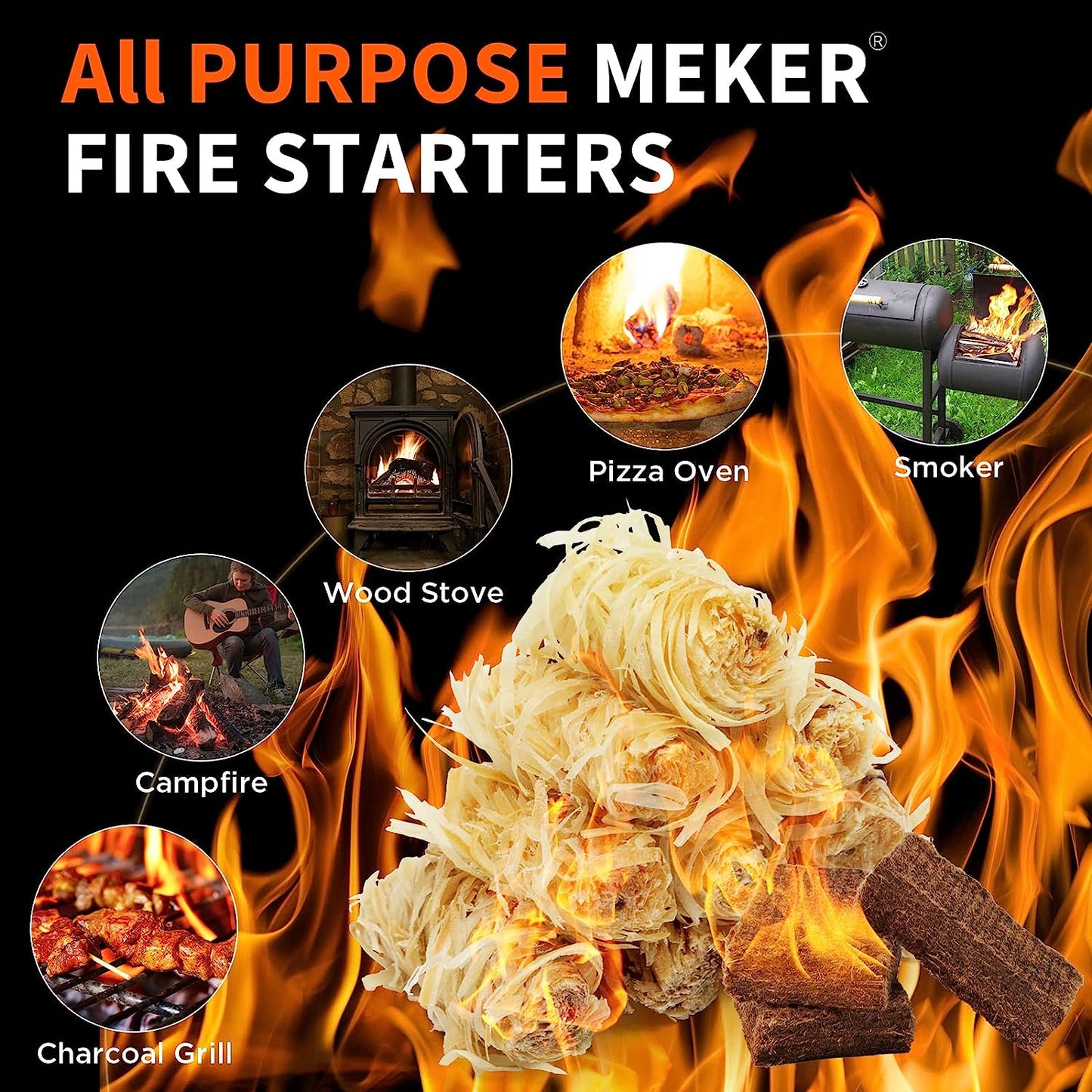MEKER Fire Starters - Natural Fire Starters for Fireplace, Campfires, Fire Pit, BBQ Grill, Wood Stove, All Weather Charcoal Starter, Wood Wool Firelighters & Odorless Fire Starter Eco Friendly