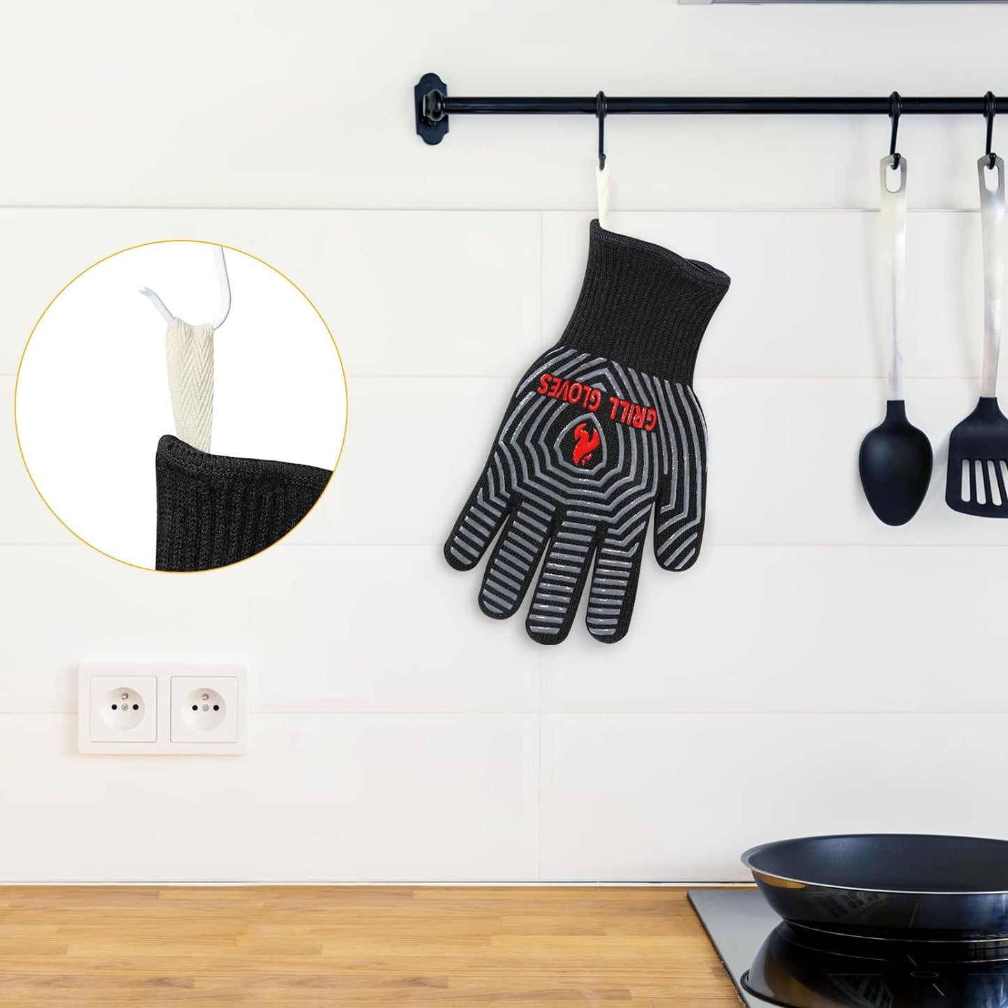 BBQ Gloves, 1472℉ Extreme Heat Resistant, Silicone Non-Slip Oven Mitts, Kitchen Gloves for Grilling, Cooking, Baking-1 Pair… (One Size Fits Most, Black)