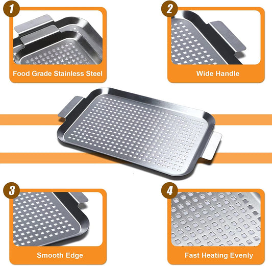 COOK TIME Grill Pan Set of 2, BBQ Grill Topper for Outdoor Grill, Stainless Steel Grilling Baskets with Holes and Handles, Perforated Food Tray Barbecue Accessories for Vegetable, Fish, Meat, Seafood