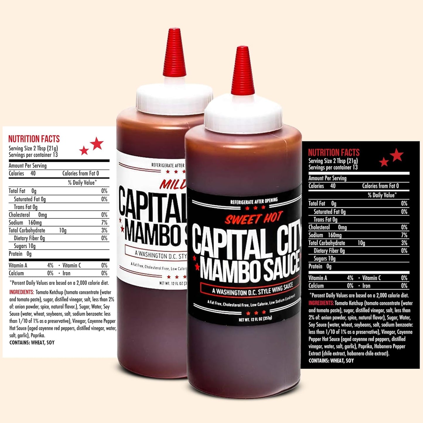 Capital City Mambo Sauce - Variety 2 Pack - Sweet Hot & Mild | Washington DC Wing Sauces | Perfect Condiment Topping for Wings, Chicken, Pork, Beef, Seafood, Burgers, Rice or Noodles | 12 Fl Oz Bottles (2 Pack)