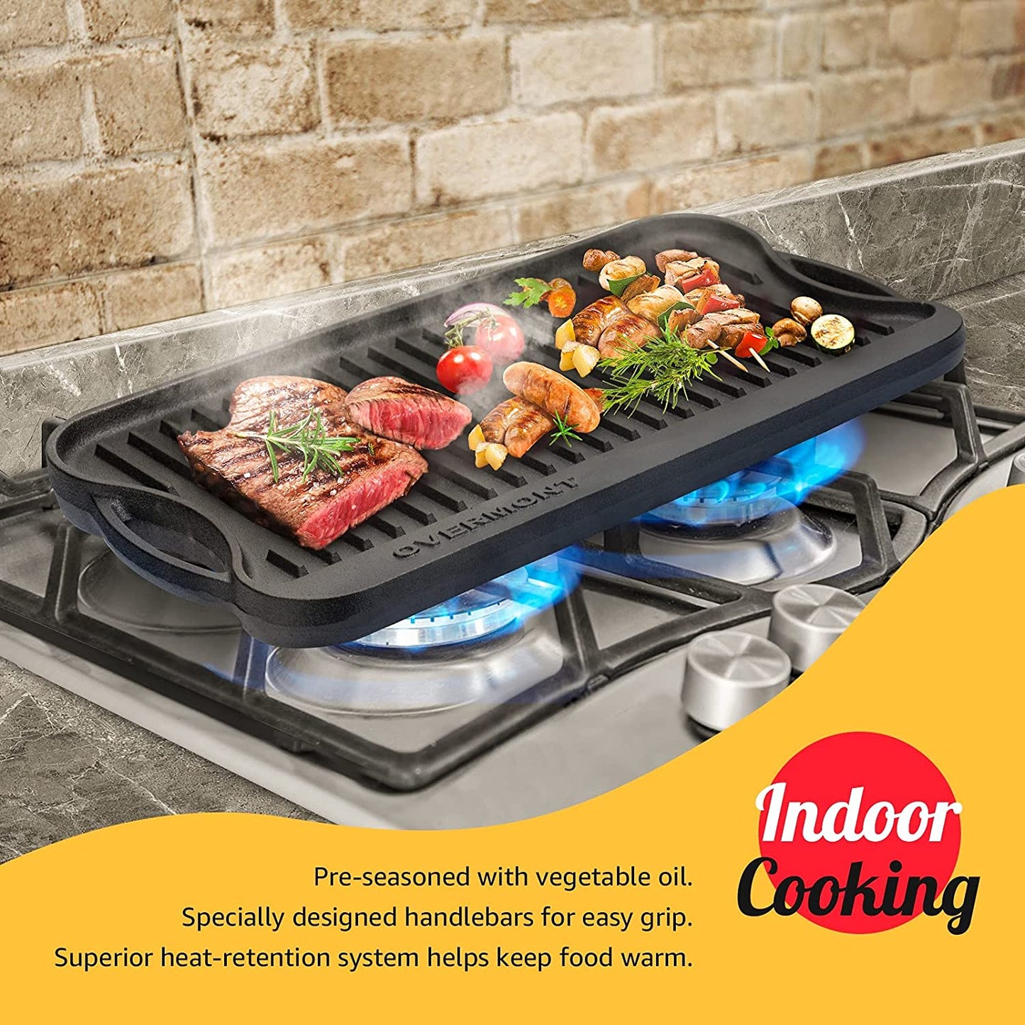 Pre-Seasoned 17X9.8" Cast Iron Reversible Griddle Grill Pan with Handles for Gas Stovetop Open Fire Oven, One Tray, Scrapers Included