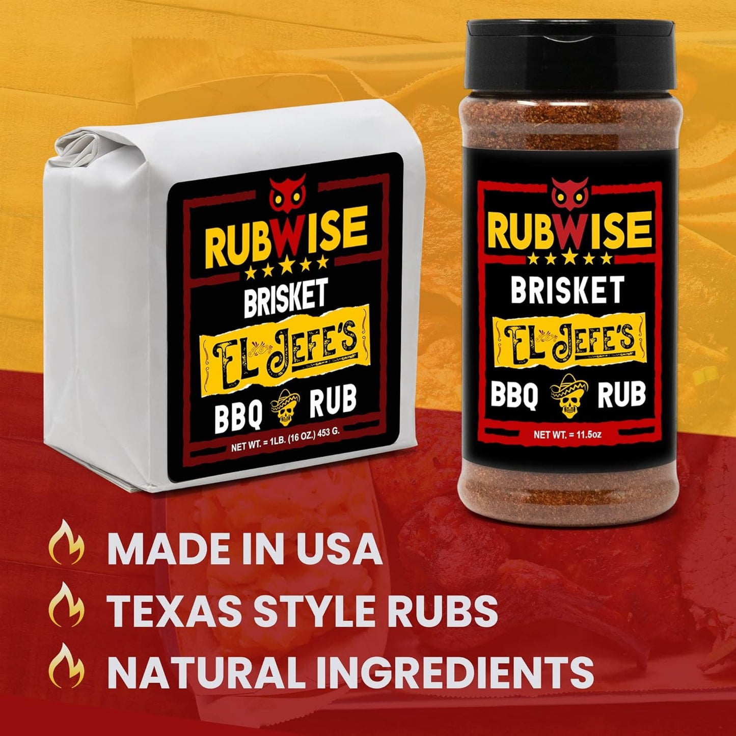 Texas Style Brisket Rub & El Jefe Rub by Rubwise | BBQ Rub & Spices for Smoking & Grilling | Beef Seasoning Dry Rub | Great on Brisket, Steaks, Ribs, Burgers & More (1Lb Each)
