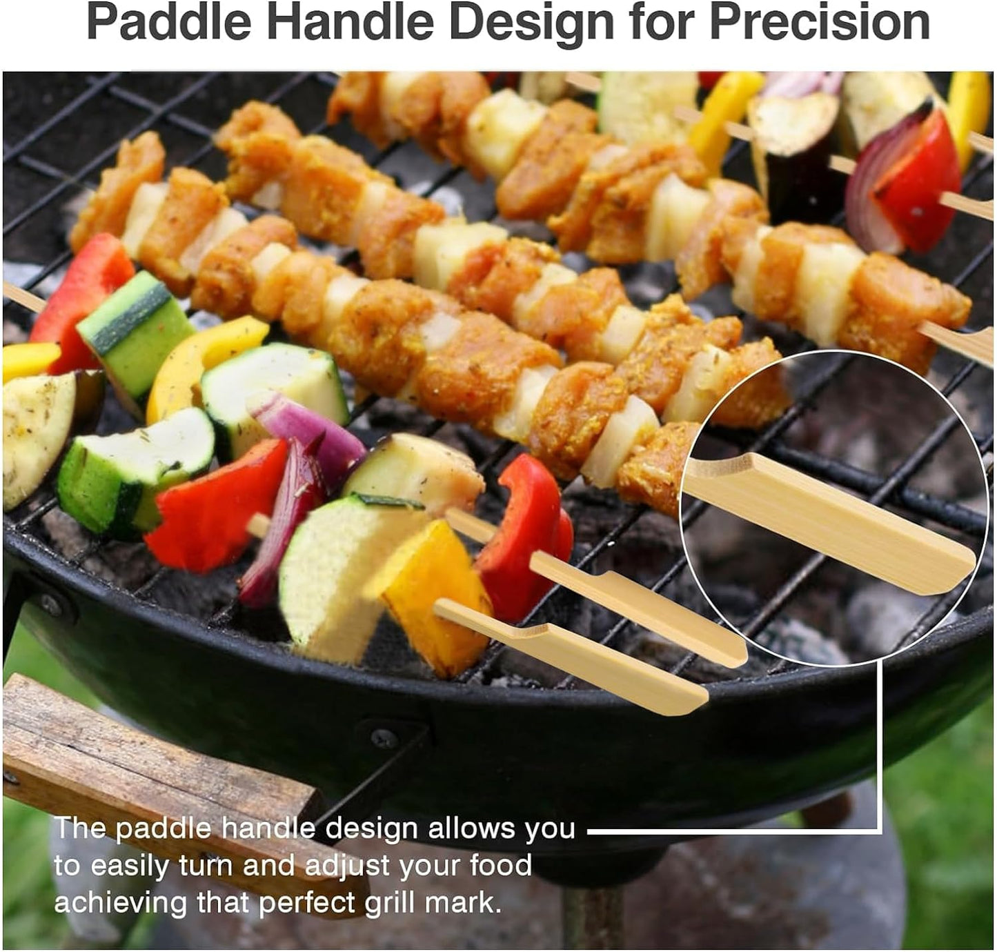 10-Inch Skewer for BBQ Kebab, Unbleached Long Bamboo/Wood Roasting Sticks for Grill -Heavy Duty Thickness -Flat Stick Flag Handle -With Dust-Free Packaging (100-Pack)