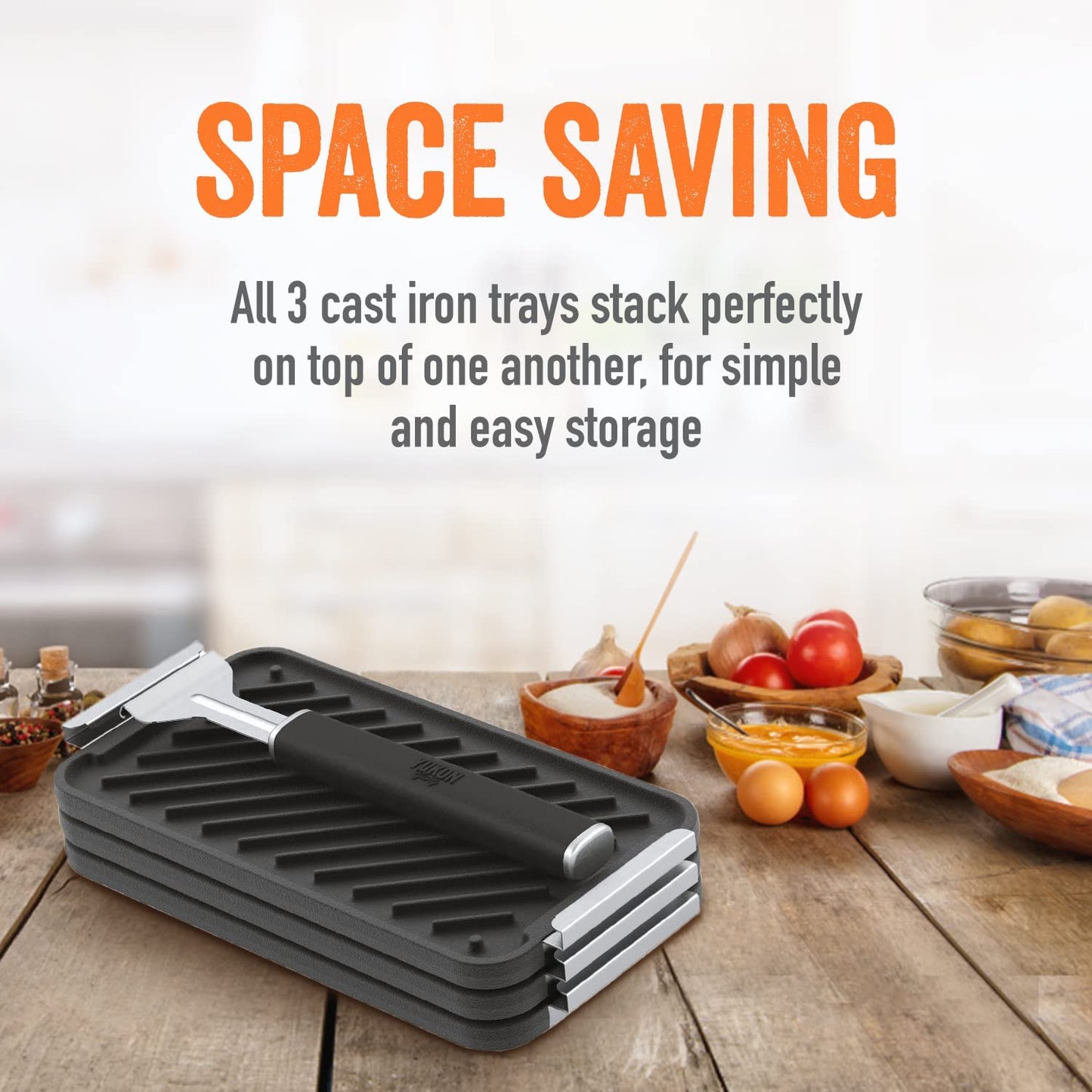 ™ SEAR 'N SERVE Cast Iron Grill Pan Set Includes 3 Cast Iron Grilling Baskets & Clip-On Handle - Cast Iron Grill Pans for Stove Tops or Outdoor Grills